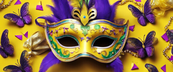 Party mardi venetian colorful background accessories carnivale celebration carnivale card Festive yellow greeting invitation mask gras