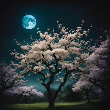 night landscape with moon and trees in bloom