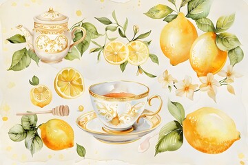 watercolor clipart, vintage tea party with lemon and honey yellow color palette