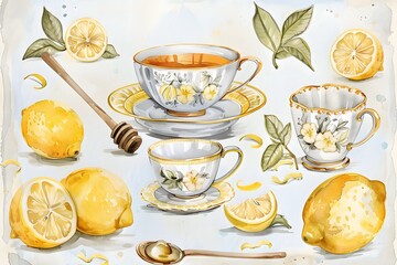 watercolor clipart, vintage tea party with lemon and honey yellow color palette