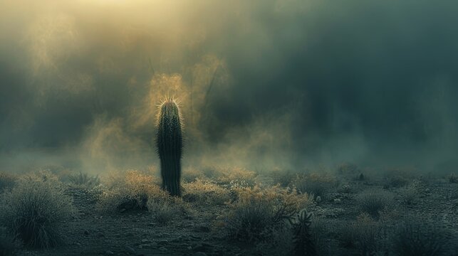 Craft an image depicting a lone cactus standing tall amidst a sea of dust