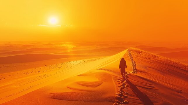 Craft an image depicting a lone traveler traversing the desert on foot