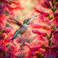 Hummingbird in flight with red flower in background
