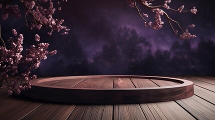 Wooden Circle podium With a Purple Flower. Generative AI.