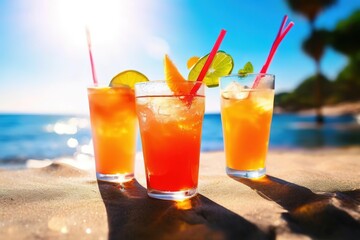 summer bright cocktails in glasses with a straw on the sand on the beach.