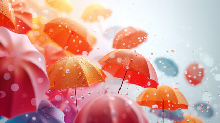 colorful flying umbrellas under rain/banner/website