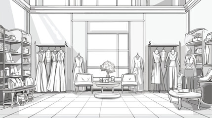 Outline drawing of fashionable clothing shop interi