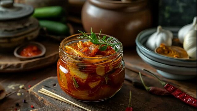 Gourmet Kimchi in a Jar,  a jar of freshly made gourmet kimchi, garnished with herbs, amidst a rustic setting with ingredients and traditional pottery