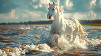 Majestic White Horse Galloping Through Ocean Waves at Sunset. Generated by AI