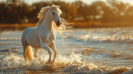 Majestic White Stallion Galloping Through Ocean Waves at Golden Sunset. Generated by AI