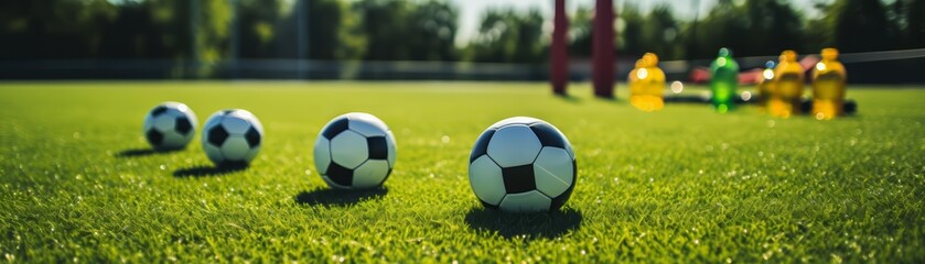 Four soccer balls lie on the grass near the goal.