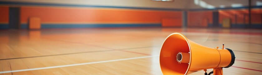 A megaphone sits on the floor of an empty basketball court