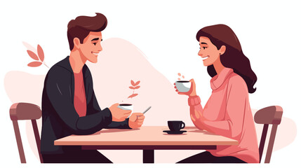 Pair of adorable man and woman sitting at cafe tabl