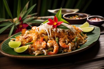Fototapeta premium Pad Thai, a popular Thai street food dish, is made with stir-fried rice noodles
