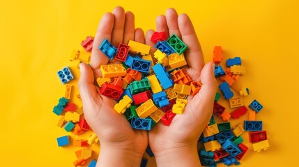 Naklejka premium Hands holding colorful toy plastic bricks, blocks for building toys on yellow background