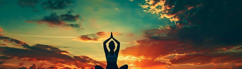 Under a breathtaking sunset, a tranquil silhouette sits in a yoga pose, the vibrant colors of the evening sky enhancing the peaceful meditation, copy-space style.