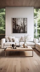 Photo of a minimal living room with white walls and wooden floors