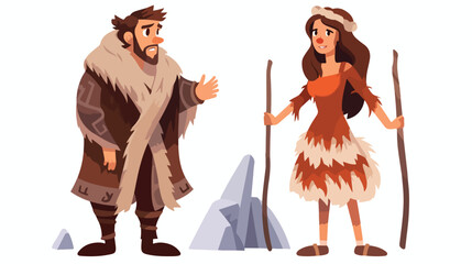 Pair of primitive archaic man and woman dressed in