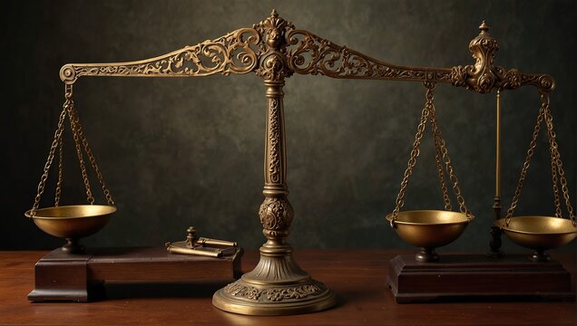 Antique ornate balance scales justice and making decis