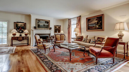 classic living room with velvet - upholstered loveseats, a white fireplace, and a variety of chairs