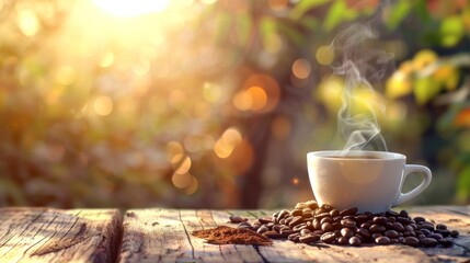 A Cup of hot coffee drink on wooden table blurred background. AI generated