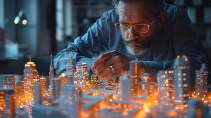 Businessman Analyzing Futuristic 3D City Model for Real Estate Innovation and Development