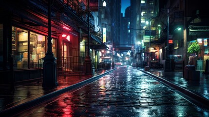 A Wet City Street at Night With Buildings Lit Up. Generative AI.