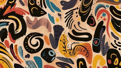 Naklejka premium An abstract design with various strokes and swirls, in the style of light black and dark brown, vibrant cartoonish, playful shapes, colorful curves, sgrafitto, simplified forms and shapes