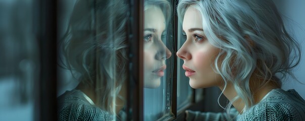 Young Woman Gazing at her Reflection Contemplating Premature White Hair in the Quiet Solitude of the Night