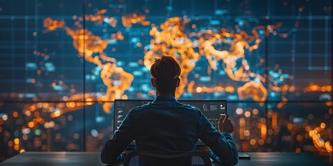 A Businessperson Overseeing a Global Digital Workspace with Remote Teams and Data Visualization