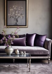 A luxurious living room with a purple velvet sofa