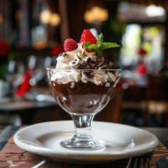 chocolate dessert with whipped cream - obrazy, fototapety, plakaty
