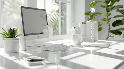 White desk table of clean workspace with supplies and coffee mug concept. Generated AI