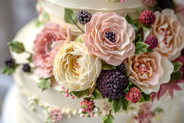 Obraz na płótnie Canvas A close up of a wedding cake adorned with floral decorations and berries