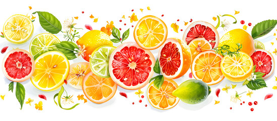 Beautiful composition of citrus, fresh lemons, limes, oranges and grapefruits on white surface
