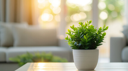 Close up view of a potted house plant against a bright blurred living room with sofa. Shallow depth of field