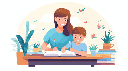 Obraz na płótnie Canvas Parent checking kids homework. Mother helping child