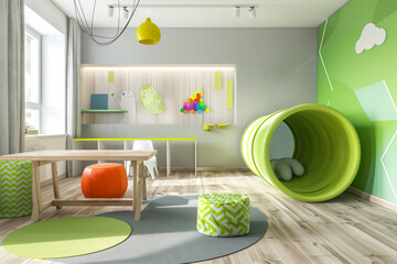A vibrant children's room featuring a wooden table, colorful stools, playful wall decorations, and play tunnel. Сreative space designed for play and learning