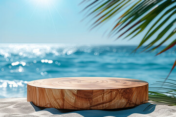 Wooden podium on a summer tropical beach background for product presentation. Mockup of pedestal