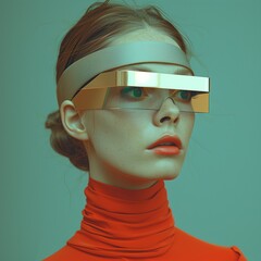 Captivating portrait of a young woman with a modern visor, symbolizing cutting-edge technology and futuristic style. Her intense gaze evokes curiosity and innovation