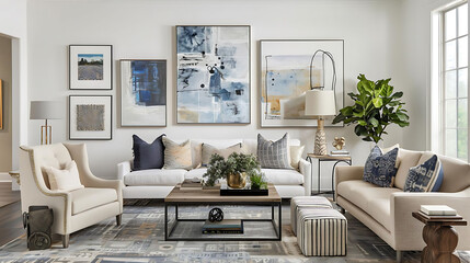 contemporary living room with abstract art gallery wall featuring a white couch adorned with blue a