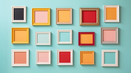 A collection of empty frames of various sizes and colors arranged on a blue wall.