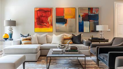 contemporary living room with abstract artwork on the wall, featuring a white couch adorned with co