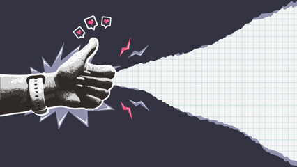 Collage halftone hand with gesture of finger up. Cutout lightning shape, hand-drawn doodle element and heart reaction. Vintage vector concept of approval. Isolated torn notebook paper. 