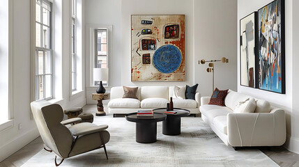 contemporary living room with abstract artwork on white walls, featuring a white couch with brown a