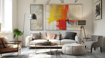 contemporary living room with abstract artwork on the wall