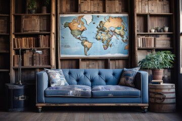 A vintage world map hangs on a wooden wall in a rustic living room