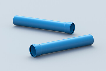 Scattered blue water pipes on gray background. Drain tube. PVC plumbing accessory. Polypropylene fitting. Sewerage system. 3d render