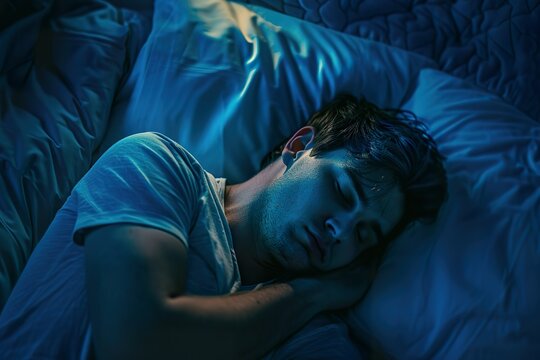 Image of a man tossing and turning in bed, in a dimly lit bedroom. Concept of insomnia and stress