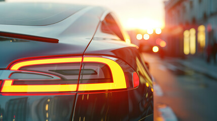 Tail lights of electric cars driving on the road Reflected with the morning sunlight